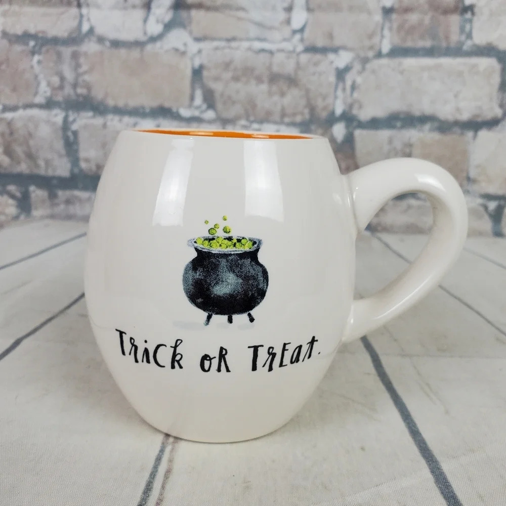 Rae Dunn by Magenta Trick  or Treat Cauldron Halloween Coffee Mug White Orange